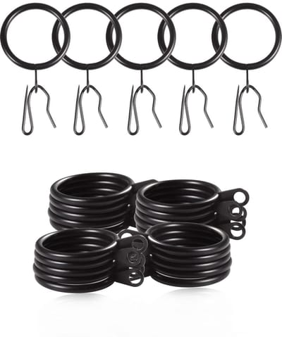 Unyqoos® Set van zwarte metalen gordijnringen en haken voor stevige ophanging