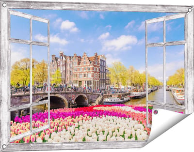 Gards Tuinposter Doorkijk Amsterdamse Huisjes aan de Grachten - 90x60 cm - Tuindoek - Tuindecoratie - Wanddecoratie buiten - Tuinschilderij