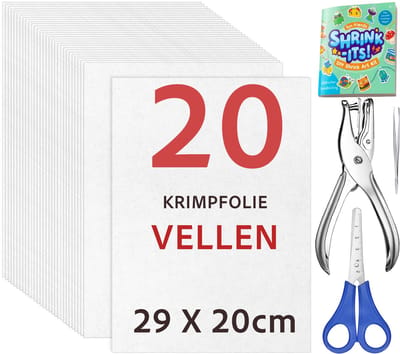 20 Stuks Krimpfolie Vellen Knutselpakket - A4 - 29 X 20cm - Krimp Folie Vel - Krimpie Dinkie Dimpie Knutselen Knutselpapier - Vellen Set - DIY Pakket Spullen voor Jongens, Meisjes - Knutselkoffer Sieraden Maken Oorbellen, Sleutelhangers Armbandjes
