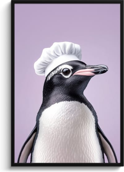 Fotolijst inclusief poster - Posterlijst 80x120 cm - Posters - Pinguïn - Koksmuts - Lief - Paars - Foto in lijst - Keuken decoratie muur - Wanddecoratie accessoires - Muurdecoratie - Schilderijen