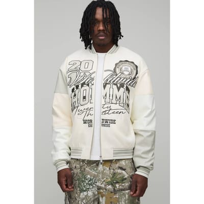 Tall Melton & PU Mixed Fabric Embellished Varsity Jacket | Ecru | Size Small