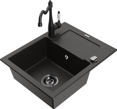 Mexen Enzo granieten spoelbak met 1 bak met druiprek en Carla keukenmengkraan, zwart/goud metallic - 6506-75-670700-70-B