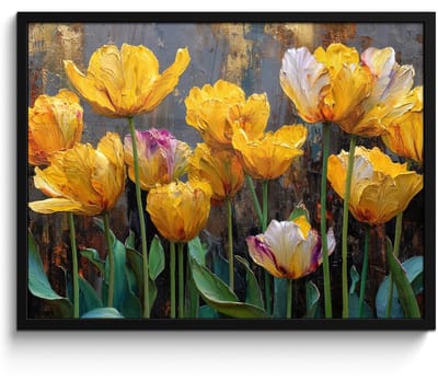 Poster in lijst - Fotolijst 80x60 cm - Posters - Tulpen - Geel - Penseelstreken - Abstract - Posterlijst zwart - Decoratie - Wanddecoratie woonkamer - Muurdecoratie slaapkamer