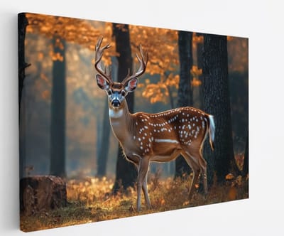 Saammp Canvas Schilderij - Hert tussen de bomen - Natuur - Dieren - 45x30 - Foto op canvas - Wanddecoratie - Muurdecoratie Woonkamer - Slaapkamer decoratie - Canvas Print