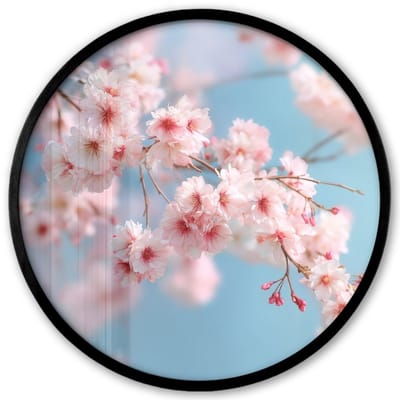 Poster in lijst Rond - Fotolijst 40x40 cm - Posters - Takken - Bloesems - Roze - Ronde posterlijst zwart - Decoratie - Wanddecoratie woonkamer - Muurdecoratie slaapkamer