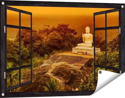 Gards Tuinposter Doorkijk Boeddha Beeld bij een Tempel in het Bos - 90x60 cm - Tuindoek - Tuindecoratie - Wanddecoratie buiten - Tuinschilderij