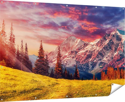 Gards Tuinposter Alpen Landschap met een Kleurrijke Hemel - 180x120 cm - Tuindoek - Tuindecoratie - Wanddecoratie buiten - Tuinschilderij