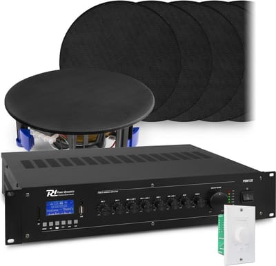 Geluidsinstallatie met Bluetooth, 12x zwarte inbouw speaker en 100v versterker van Power Dynamics