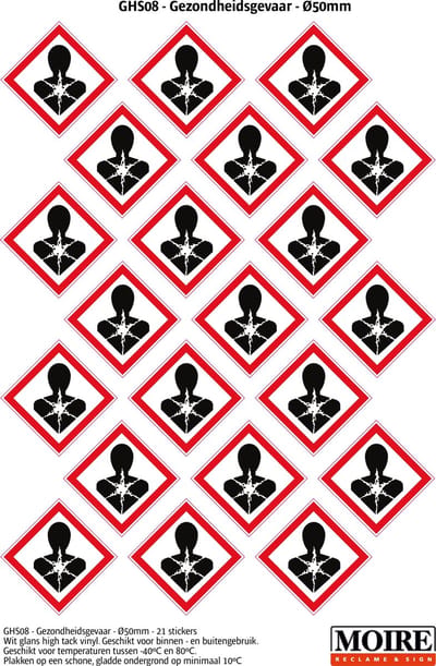 Pictogram sticker 75 stuks GHS08 - Gezondheidsgevaar - 50 x 50 mm - 15 stickers op 1 vel