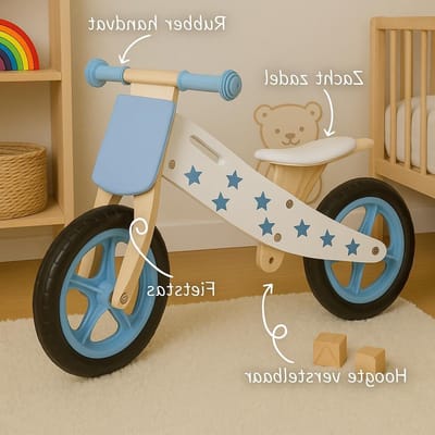 Houten Loopfiets - Kinderfiets Balans - Motoriek Ontwikkeling - Verstelbaar Zadel - 12 Inch Banden - Wit Met Sterren