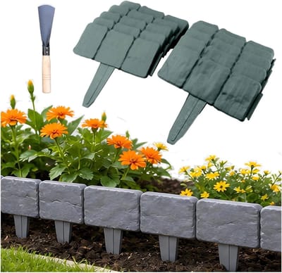 Tuinrand Imitatie Steen - Kunststof Rand - Bloembedden Scheiden - In elkaar grijpend - 10 Stuks - Grijs
