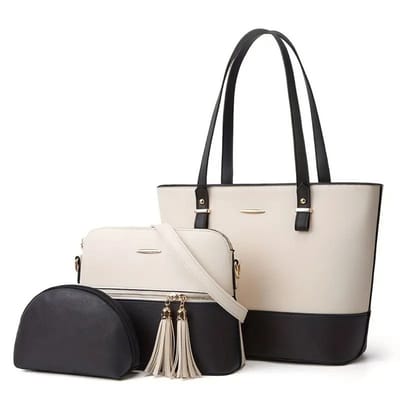 Bovista Handtas Dames - Schoudertas - School - Shopper - Schooltas - Werktas - 3-Delige Set - Wit/Zwart