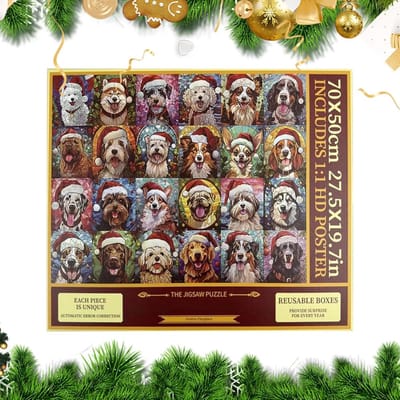 Adventskalender Puzzel - Feestdagen Countdown - Gezinsactiviteit Thuis - 1000 Stukjes Puzzel - 70x50cm Gevuld - Hond Illustratie