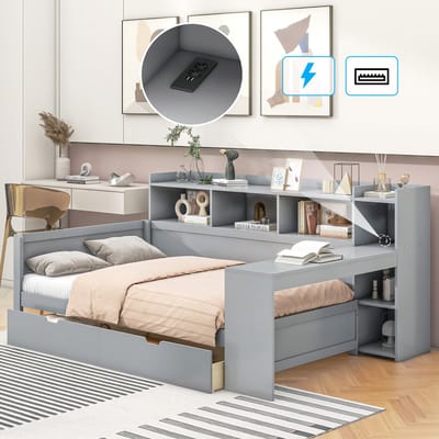 REDOM Bedbank 90x200 cm van spaanplaat/MDF – Met bureau, 2 lades, opbergvakken, USB/stopcontact – Grijs