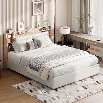 Opbergbed 140x200 Wit – Bed met LED, Hoofdbord met Opbergruimte & Liftfunctie