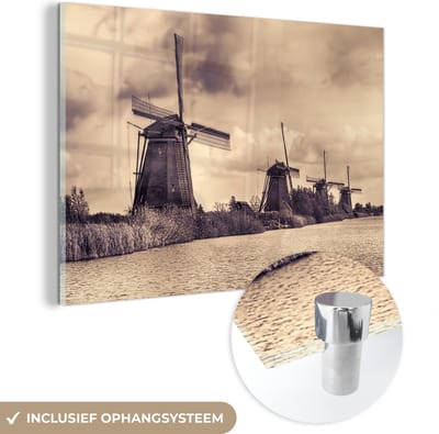 ® Glasschilderij 180x120 cm - Schilderij acrylglas - Molens - Water - Nederland - Foto op glas - Muurdecoratie woonkamer - Wanddecoratie slaapkamer - Schilderijen