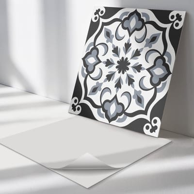 Wallfluent Vinyl Tegels - Bloemenpatroon met Ornamenten Vinyl Tegels Zelfklevend - 30 cm x 30 cm - Zwart PVC Tegels - Verpakking van 9 stuks - Vierkant PVC Tegels - Texturen Plaktegels - Zelfklevende Vinyltegels - Plaktegels Keuken en Badkamer