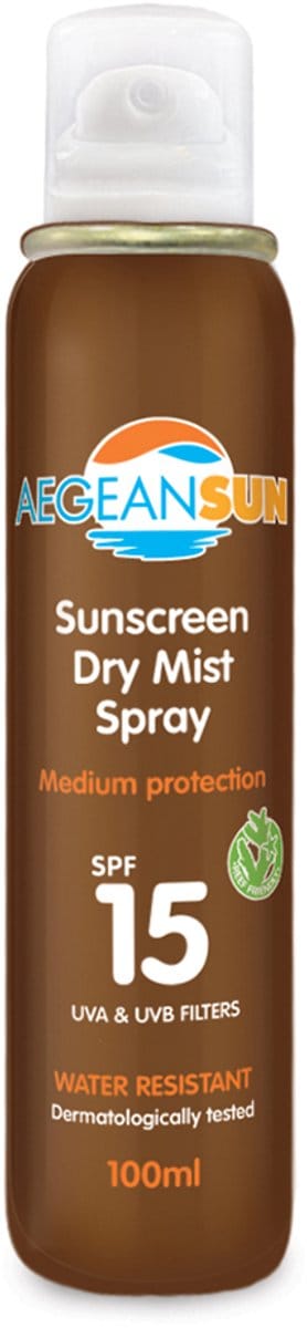 Aegean Sun Sunscreen Dry Mist Spray SPF15 – Water- en Zweetbestendige Zonnespray met Carrot Oil & Vitamine E voor Actieve Bescherming met Verkoelend Effect