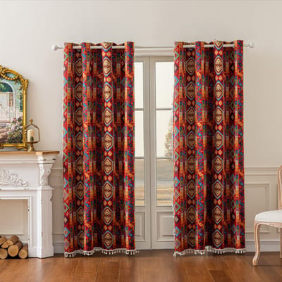 Floraweg-gordijnen in Boheemse stijl met vintage rode geometrische patronen; verduisteringsgordijnen voor woon- en slaapkamers in Amerikaanse country- en Marokkaanse stijl, 140 x 160 cm, met haakjes ringen