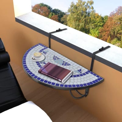 Hangende Balkontafel - Balkontafel Mozaïek - Buiten Zitten - Halfrond Ontwerp - 76 x 56 x 64 cm - Blauw Wit
