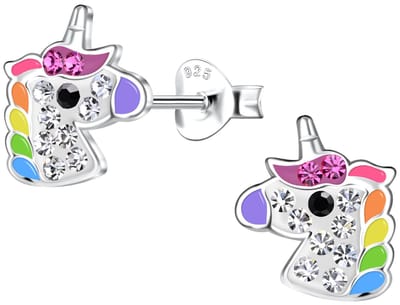 Joy|S - Zilveren eenhoorn oorbellen - unicorn - 8 x 10 mm - kristal - multicolor - kinderoorbellen