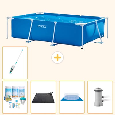 Intex Rechthoekig Frame Zwembad - 300 x 200 x 75 cm - Blauw - Inclusief Onderhoudspakket - Solar Mat - Grondzeil - Zwembadfilterpomp - Stofzuiger - 6-delig
