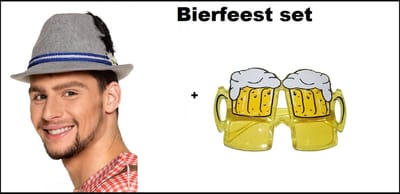 1x Luxe Tirolerhoed grijs jagershoedje + 1x bierbril - Tiroler festival set - Tirol bierfeest Oktoberfest bier feest apres ski thema feest biertje bier festival