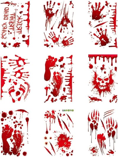 Complete set met 9 griezelige stickers voor Halloween, bloedige vingerafdrukken en deurdecoratie voor horror-themafeesten