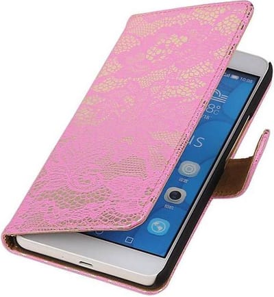 Lace Bookstyle Wallet Case Hoesjes Geschikt voor Huawei Honor 6 Plus Roze