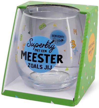 Schooljaar - Snoep - Wijnglas - Superblij met een Meester zoals jij - zijden lint: "Speciaal voor jou" - Cadeauverpakking