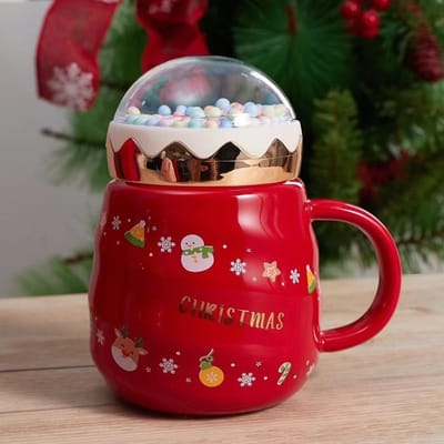 Creatieve Kerststijl met Deksel Mok Kerst Keramische Kop Grote Capaciteit Waterbeker Kerstcadeau 401-500ml red