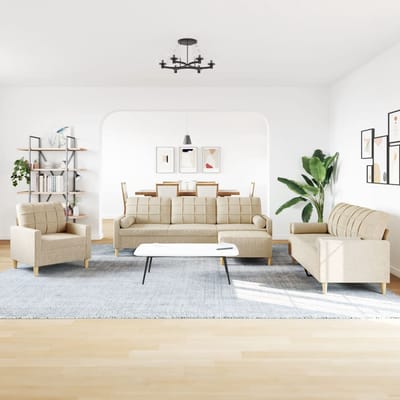 vidaXL - 4-delige - Loungeset - met - voetenbank - en - kussens - stof - crèmekleurig