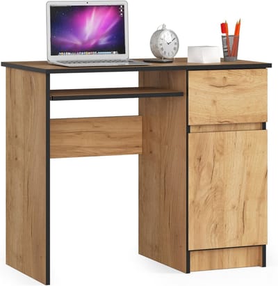 Klein Bureau met Lades en Opbergvak, Computerbureau met Uitschuifbaar Toetsenbordplateau, Houten Decoratie
