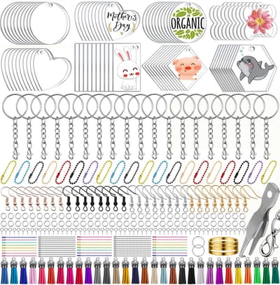 292-Delig Knutselpakket met 30 Karabijnhaak Sleutelhangers, 30 Transparant Plexiglas Plaat, 30 Hangers, 30 Kwastjes, 20 Oorbelhaak - Foto Keychain, Oorbellen, Sieraden Maken - Knutselen voor Meisjes, Jongens, Volwassenen - Sleutelringen Sleutellabels