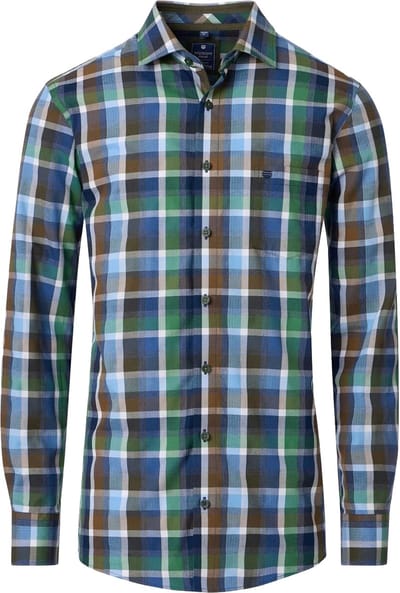 Redmond modern fit overhemd - dobby - groen - blauw - bruin en wit geruit - Strijkvriendelijk - Boordmaat: 39 - 40