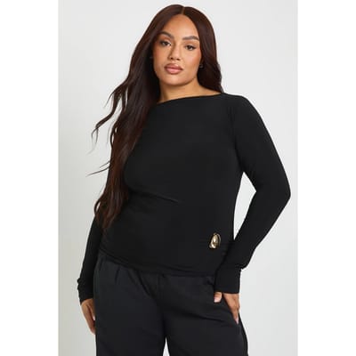 boohoo Dames Plus Lange Mouw Top met Gerimpelde Trim Details | Zwart | Maat: 44