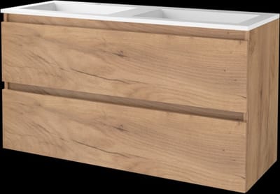 Basic Start 46 badmeubelset met greeploze onderkast met 2 lades en acryl wastafel met 2 kraangaten 120 x 46 cm, whisky oak