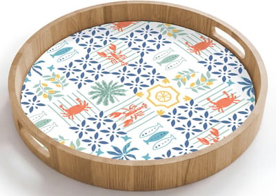 Dienblad rond 40x40 cm - Schootdienblad hout - Mozaïek - Zee - Patroon - Borrelplank rechthoek - Plateau houten dienbladen