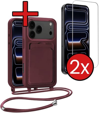 Hoesje Geschikt voor iPhone 17 Pro / 18 Pro Hoesje Met Telefoonkoord en Pasjeshouder Met 2x Screenprotector Siliconen - Hoes Geschikt voor iPhone 17 Pro / 18 Pro Hoesje Met Kaarthouder Case - Aubergine