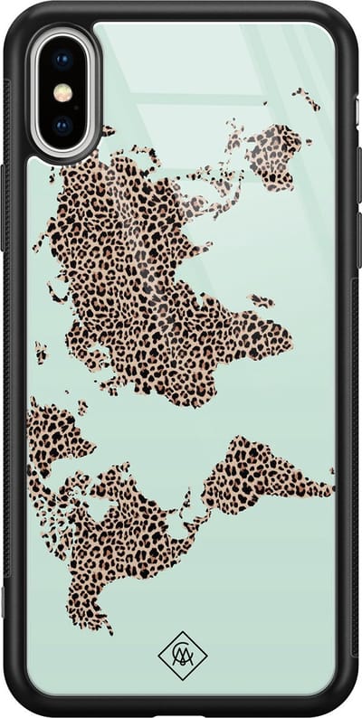 Casimoda® hoesje - Geschikt voor iPhone Xs Max - Wereldkaart blauw luipaard - Luxe Hard Case Zwart - Backcover telefoonhoesje - Groen