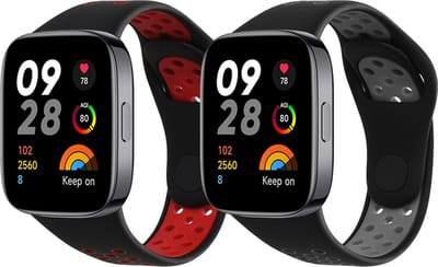 kwmobile 2x horlogebandjes geschikt voor Xiaomi Redmi Watch 3 Active bandje - Smartwatch bandjes van TPU - Activity tracker horloge band in zwart / grijs / zwart / rood