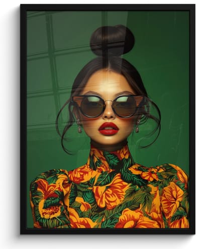 Poster in lijst - Fotolijst 50x70 cm - Posters - Vrouw - Groen - Modern - Bril - Abstract - Posterlijst zwart - Decoratie - Wanddecoratie woonkamer - Muurdecoratie slaapkamer