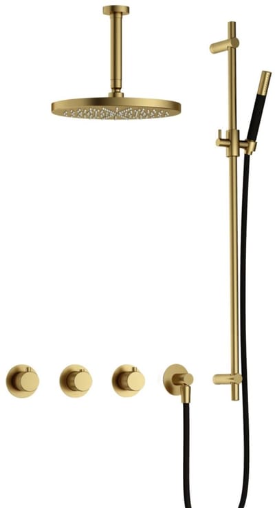 Hotbath Cobber X IBSX70 inbouw regendoucheset met staafhanddouche aan glijstang en 30cm ronde hoofddouche aan 15cm plafondarm geborsteld messing PVD
