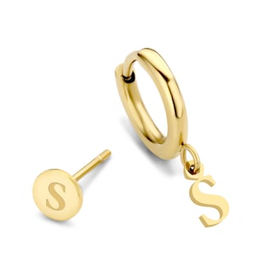 CO88 Collection Alphabet 8CE-70375 Stalen oorknop en oorring - letter S - 6 mm and 12mm - Initiaal sieraad - Goudkleurig