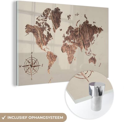 ® Glasschilderij 180x120 cm - Schilderij acrylglas - Wereldkaart - Hout - Windroos - Foto op glas - Muurdecoratie woonkamer - Wanddecoratie slaapkamer - Schilderijen
