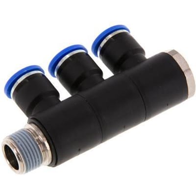 10mm x R3/8'' 3-way Manifold Messing/PA 66 Insteekfitting Buitendraad Draaibaar NBR