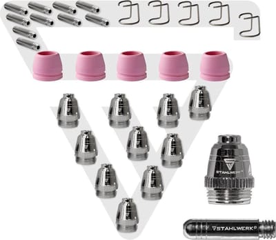 STAHLWERK P-60 plasma-accessoires slijtdelen plasmamondstukken + elektroden + keramische doppen voor P-60 CUT plasmasnijtoorts, set 30 stuks