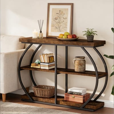 MIVRAY Consoletafel - Drie Open Planken Voor Hal En Woonkamer - Metaal En Hout - Bruin - 105x24x80 Cm