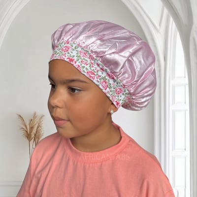 Roze bloem Satijnen slaapmuts met bandjes (kinderen / kindermaat 3-7 jaar) (Kinder Haar Bonnet) – AfricanFabs®
