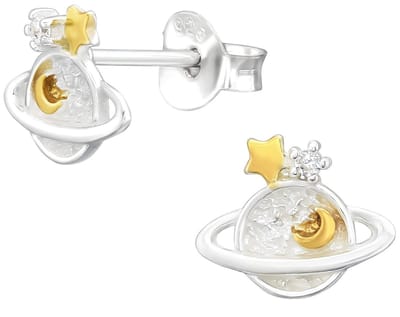 Joy|S - Zilveren planeet oorbellen - saturnus - 8 x 7 mm - zilver - zirkonia - ster en maan zijn gold plated / goudkleur